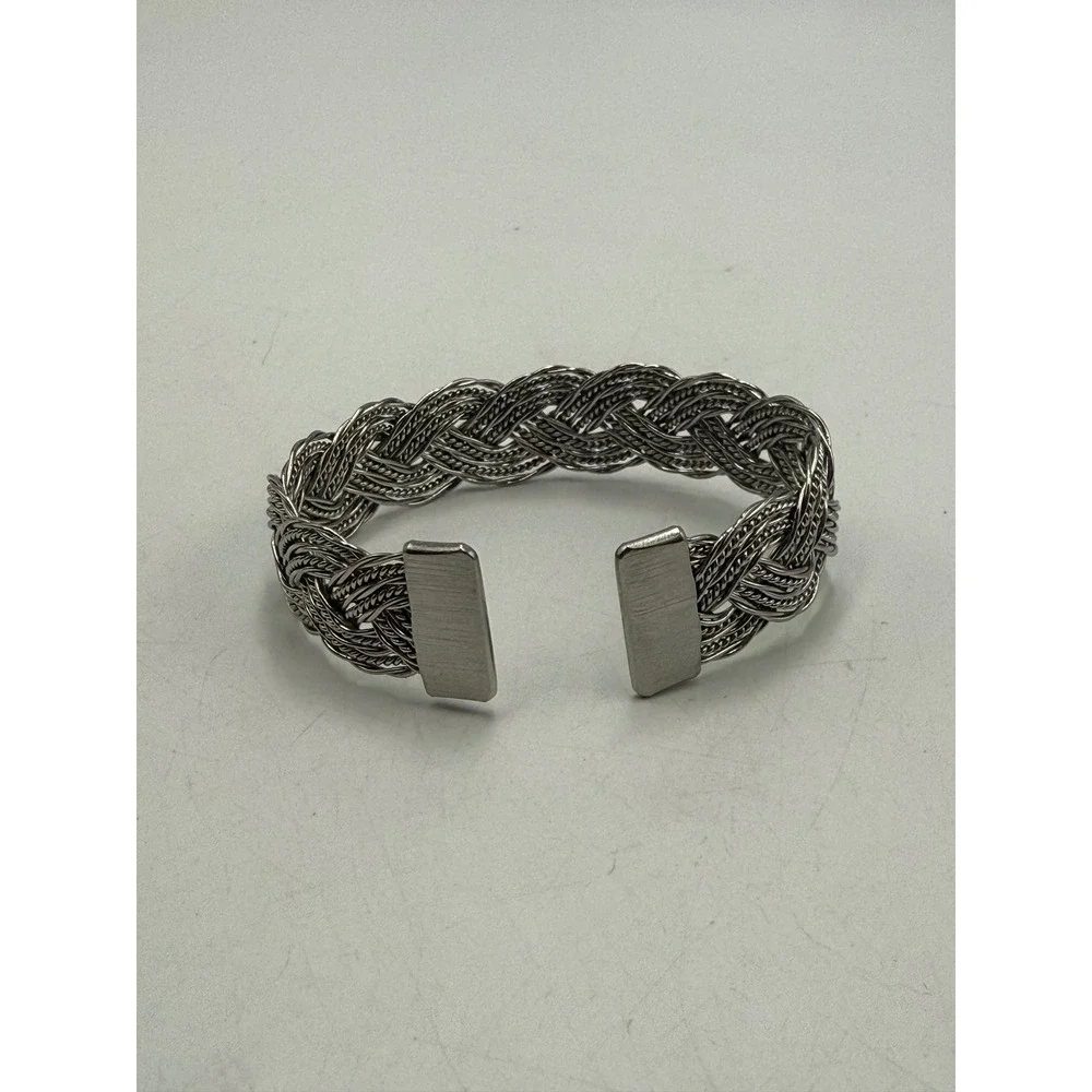 Silver Tone Woven Braided Wire Cuff Bracelet Wide Metallic Open Bangle